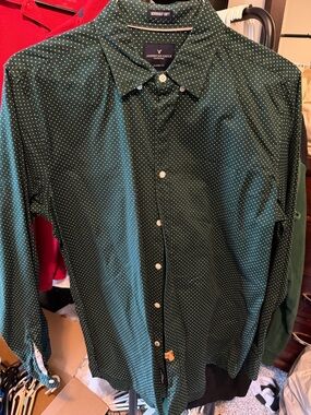 American Eagle Outfitters Green Button-Down Shirt with White Microdots